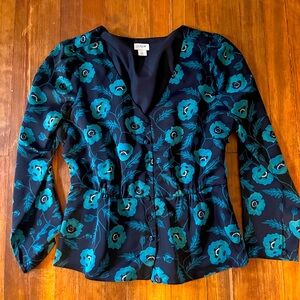 J. Crew Satin Crepe Peplum Poppy Print green black Blouse size 4